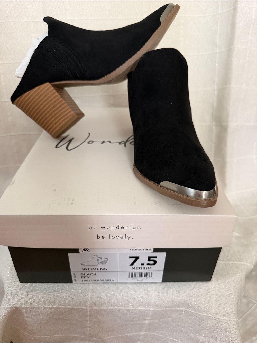Wonderly Black Suede-Look Mules with Silver Metal Toe & Stacked Heel